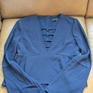 INTERMIX Navy V-Neck Top with Ladder Strap Accent